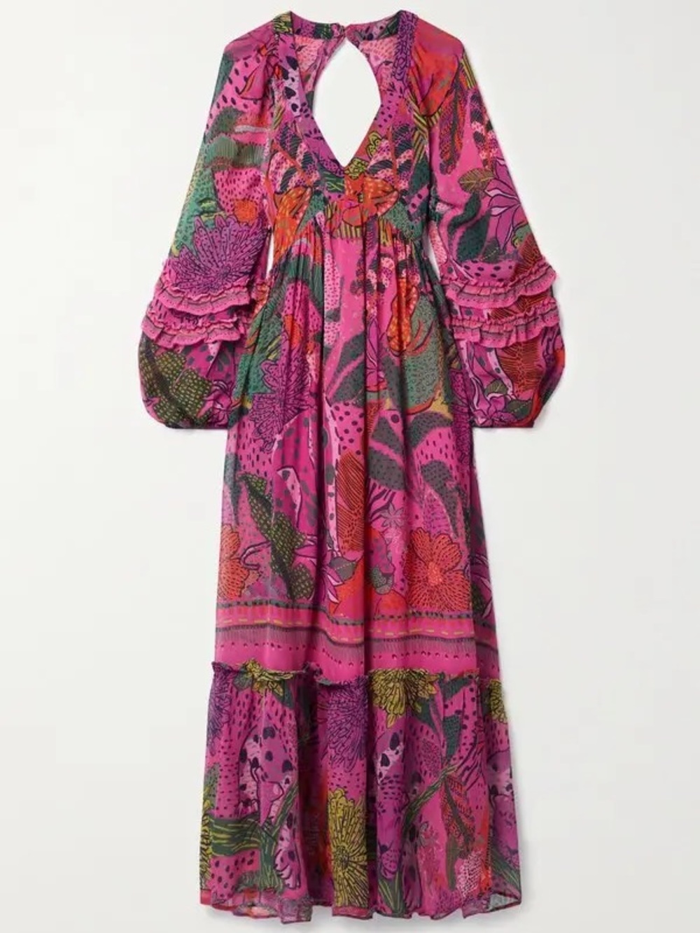 Farm Rio Cool Leopards Open Back Ruffled Georgette Maxi Dress Size Medium Pink